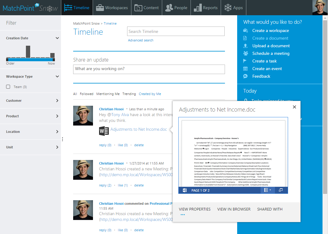 Document attachment with callout in timeline