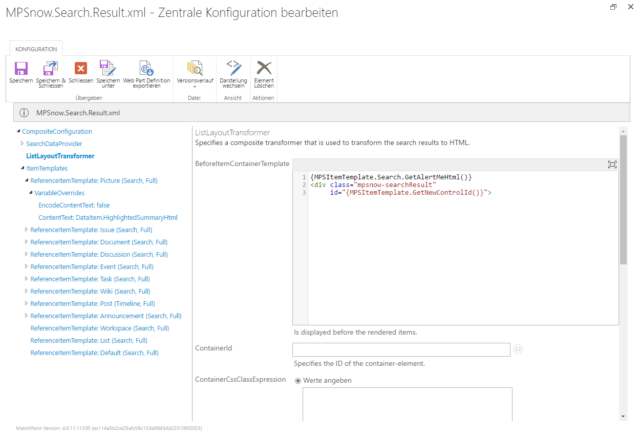 The search results composite configuration with item templates and a ListLayoutTransformer