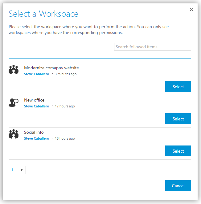 Workspace selection dialogue for creating new documents