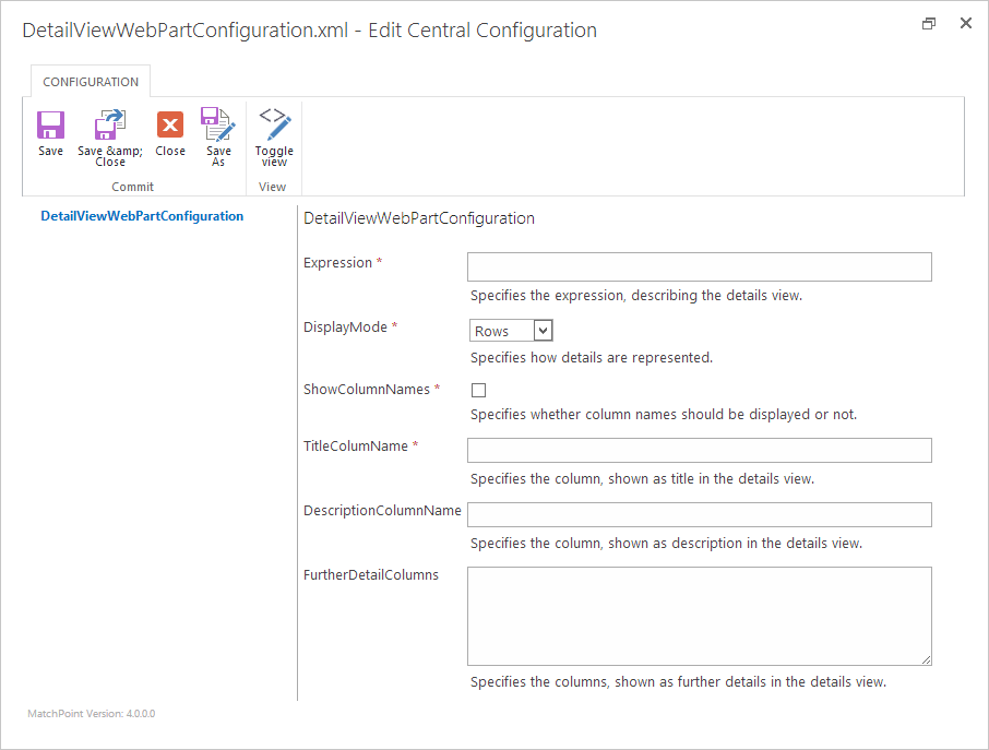 Figure 1: Detail View Web Part configuration, rendered in MatchPoint Configuration Editor