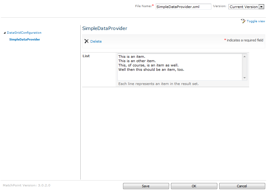 Screenshot of the provider configuration being edited in the MatchPoint configuration editor.